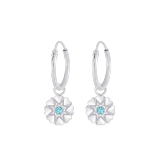 Flower hoop earrings in 925 sterling silver with aqua CZ flower charms for a delicate floral touch.