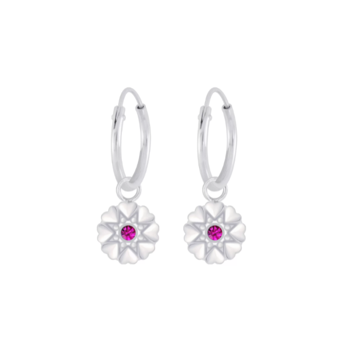 Flower hoop earrings in 925 sterling silver with fuchsia CZ flower charms, perfect for everyday wear.