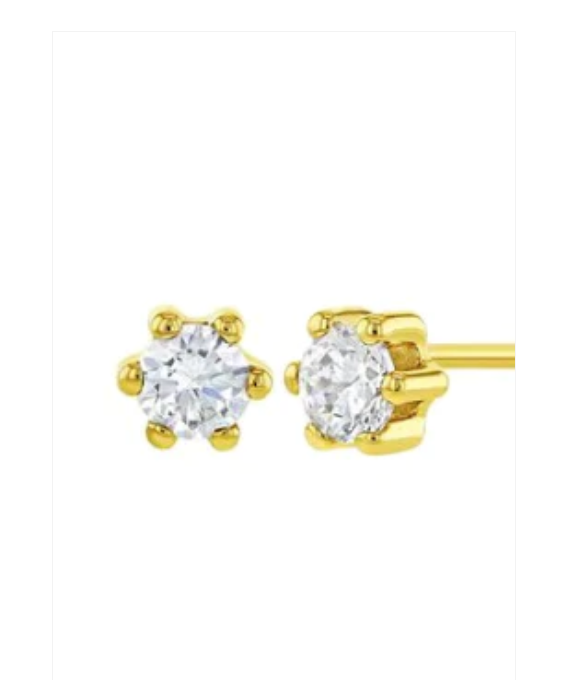 A pair of 9k gold children's earrings with a flower design, featuring clear cubic zirconia, and screw back closures.