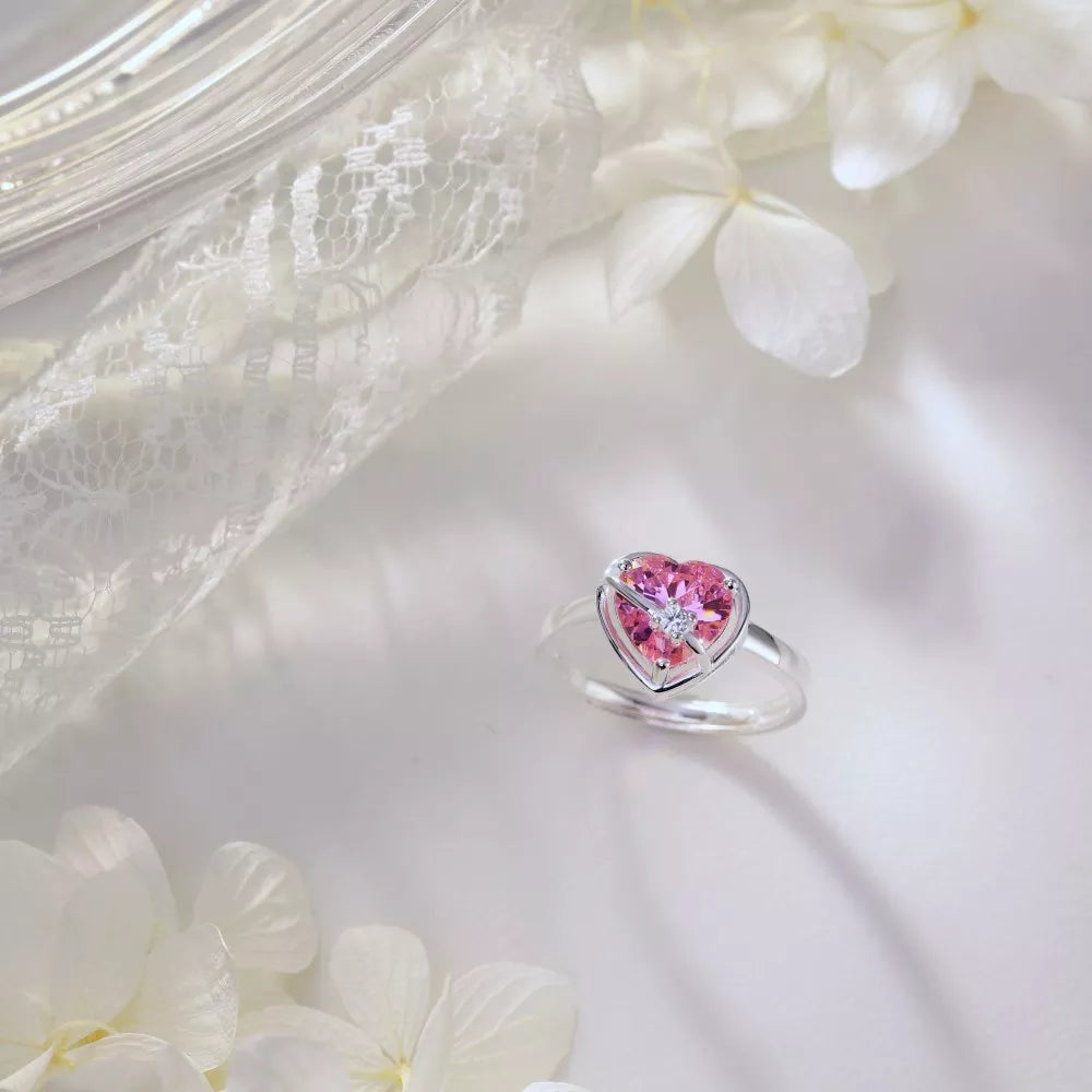Children's and Teens' Rings: Sterling Silver, Pink, CZ Ribbon-Wrapped Heart Rings, Adjustable, with Gift Box