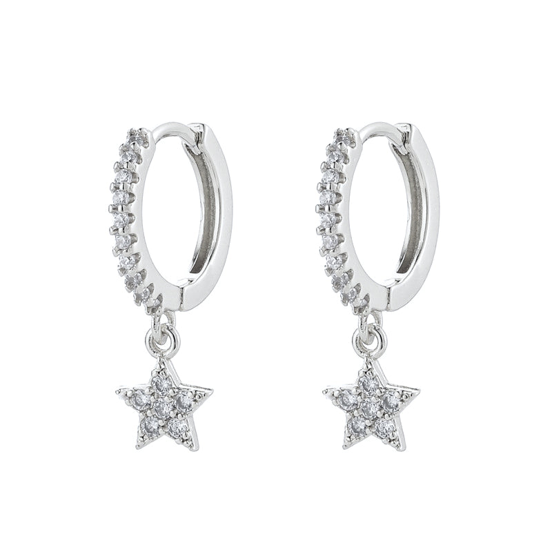 Children's earrings: Sterling Silver Clear CZ Huggie/Hoops with CZ Encrusted Star Dangles Ages 6 - Teens