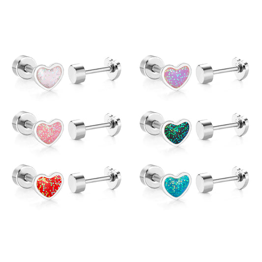 six sets of heart shaped silver steel earring studs in different colour variations on a white background
