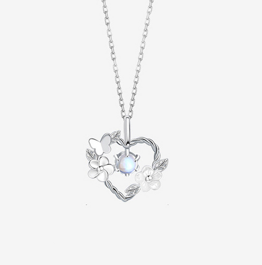 Children's, Teens' and Mothers' Necklaces:  Sterling Silver, Moonstone Hearts and Flowers Necklace