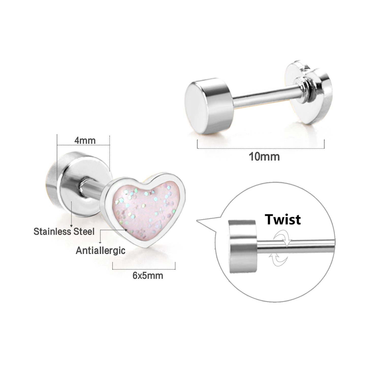 Baby Earrings:  Surgical Steel, Glitter Enamel Heart Earrings with Screw Backs