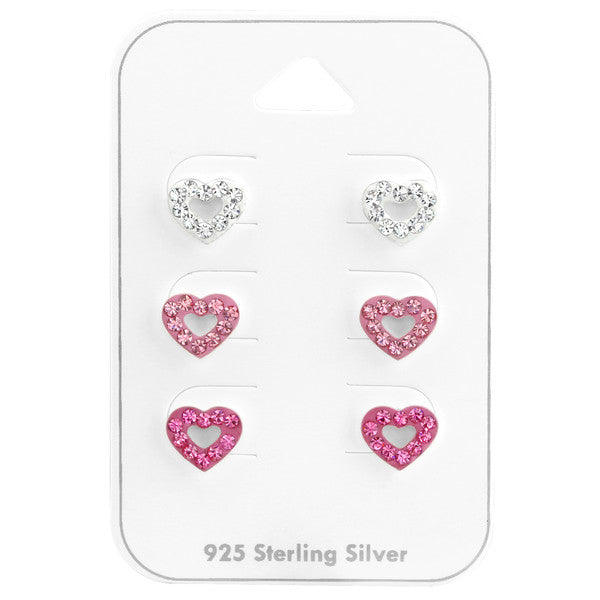 Heart earrings set featuring 3 pairs of sterling silver open hearts with cubic zirconia in white and pink shades.