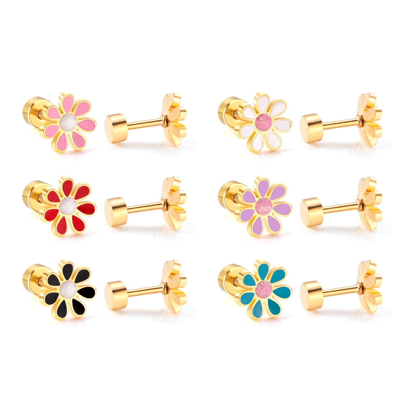 Children's Earrings: Surgical Steel with Gold IP Pink/White Flowers with Screw Backs