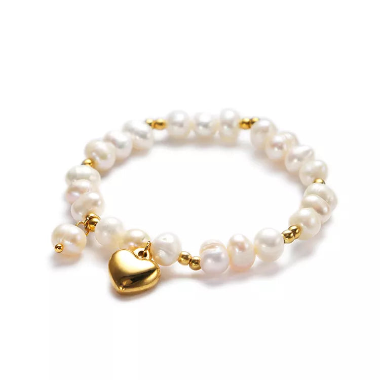 Children's Bracelets: 14k Gold IP Steel Bracelets with Freshwater Pearls and Heart Age 5 - 10