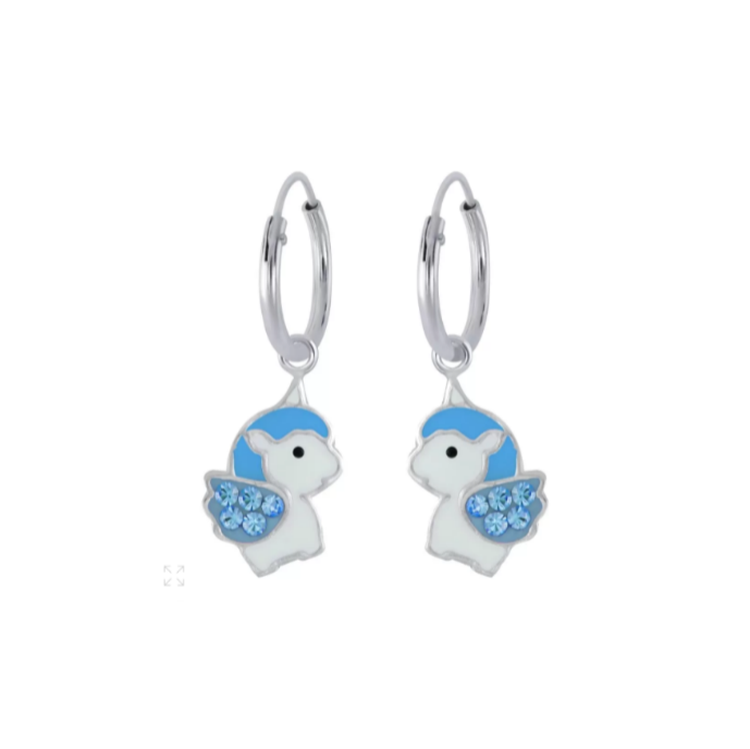 Hoop earrings featuring sterling silver 10mm hoops with unicorn Pegasus dangles in blue and white enamel.