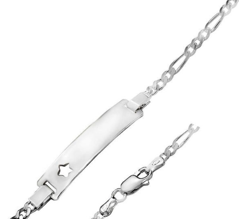 Silver chain bracelet with an engravable plate on a white background