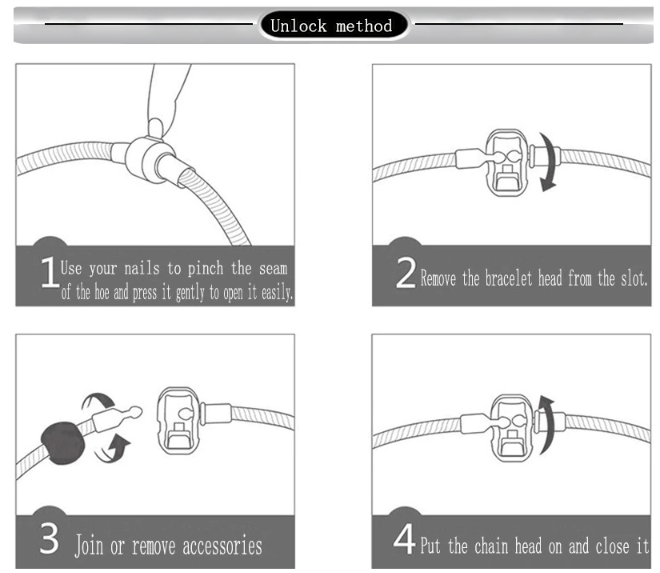 locking mechanism instructions. Open the heart bead to undo the bracelet. Close the heart bead back over the chain to close the bracelet
