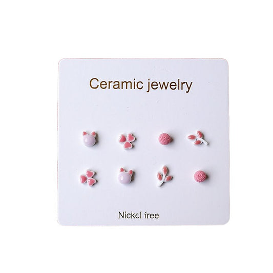 Children's Earrings:  Ceramic/Surgical Steel Set of 4 Pairs - Pink Pussycats, Clovers, Leaves and Balls