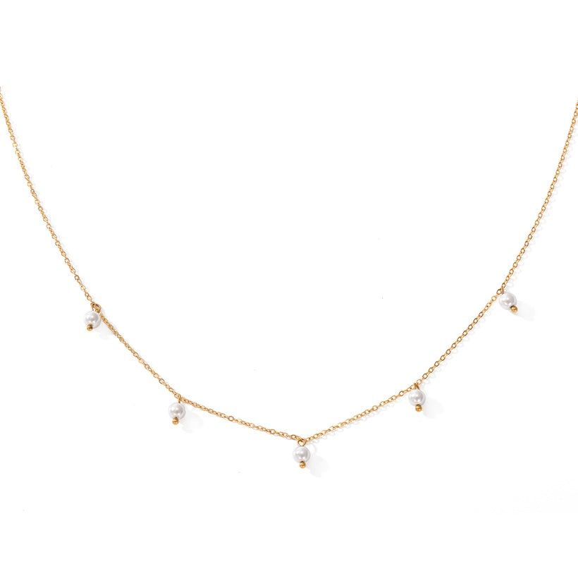 Children's, Teens' and Mothers' Necklaces: Surgical Steel with Gold IP 5 x Pearl Necklace
