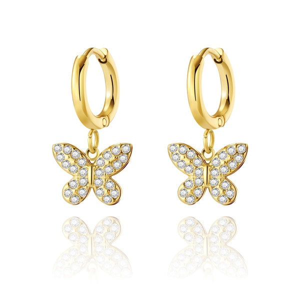 Surgical steel butterfly earrings with gold hoops and cubic zirconia butterflies, perfect for enchanting charm.