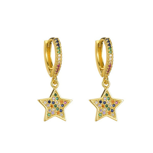 Teens' and Mothers' Earrings:  Steel, with Gold IP Huggies with Colourful, CZ Star Dangles