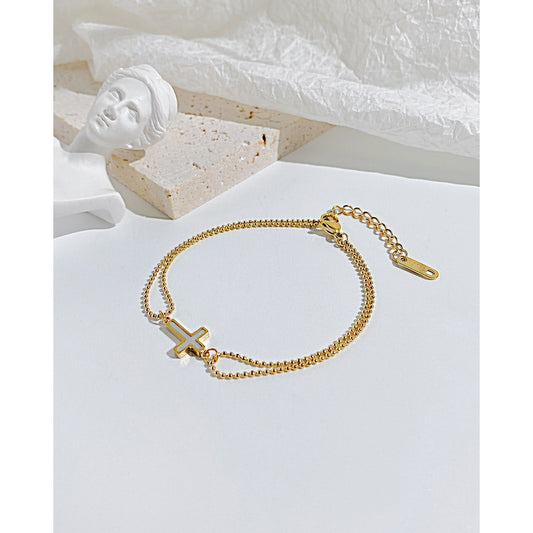Children's, Teens' and Mothers' Bracelets: Steel with 14k Gold IP Abalone Shell Inlaid Cross Bracelet