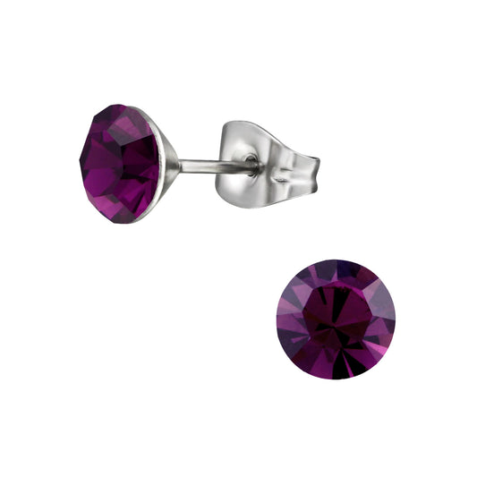 Purple CZ stud earrings featuring 6mm amethyst stones and surgical steel push backs, perfect for sensitive ears.
