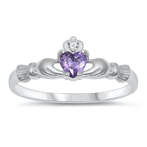 Children's Rings - Sterling Silver Claddagh Ring with Amethyst CZ Heart Size 3