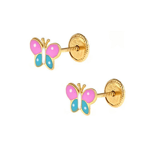 Baby and Children's Earrings:  9k Gold Lavender and Aqua Butterfly Screw Backs with Gift Box