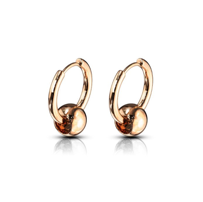 Children's, Teens' and Mothers' Earrings: Rose Gold IP Surgical Steel Hoops with Floating Ball
