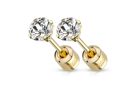 Children's, Teens' and Mothers' Earrings:  Two Earrings in One. Surgical Steel, Gold IP, 4mm Round AAA CZ Studs with Screw Backs