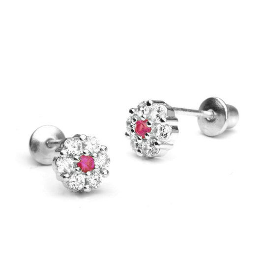Baby and Children's Earrings:  Sterling Silver Clustered Clear/Ruby CZ Flowers with Screw Backs