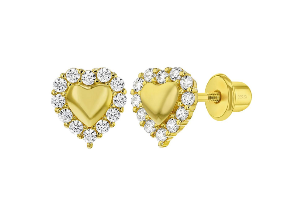 Children's Earrings: 14k Gold Over Sterling Silver Hearts with Halo
