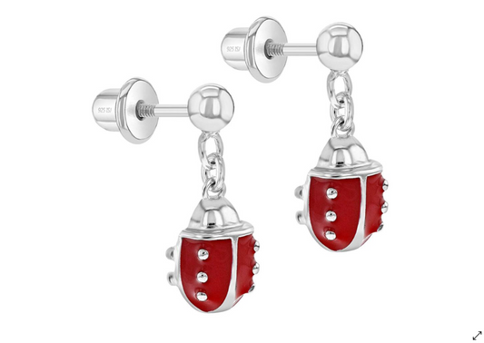 Children's Earrings: Sterling Silver, Ladybug Dangle Stud Earrings with Screw Backs