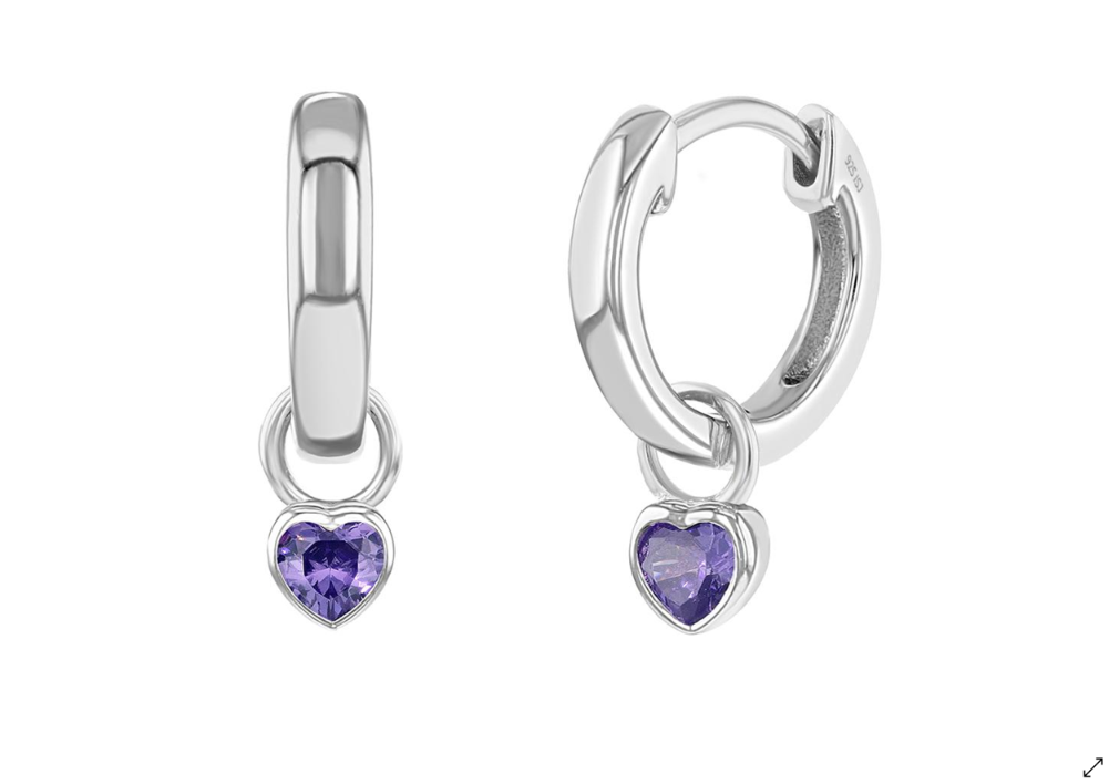 Children's Earrings: Sterling Silver Hoops 11mm with Amethyst CZ Hearts
