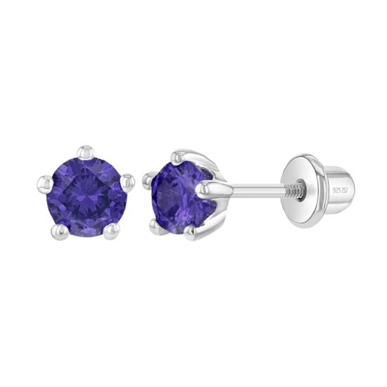 Baby and Children's Earrings: Sterling Silver Five Prong 4mm Amethyst CZ with Screw Backs Age 1 - 12