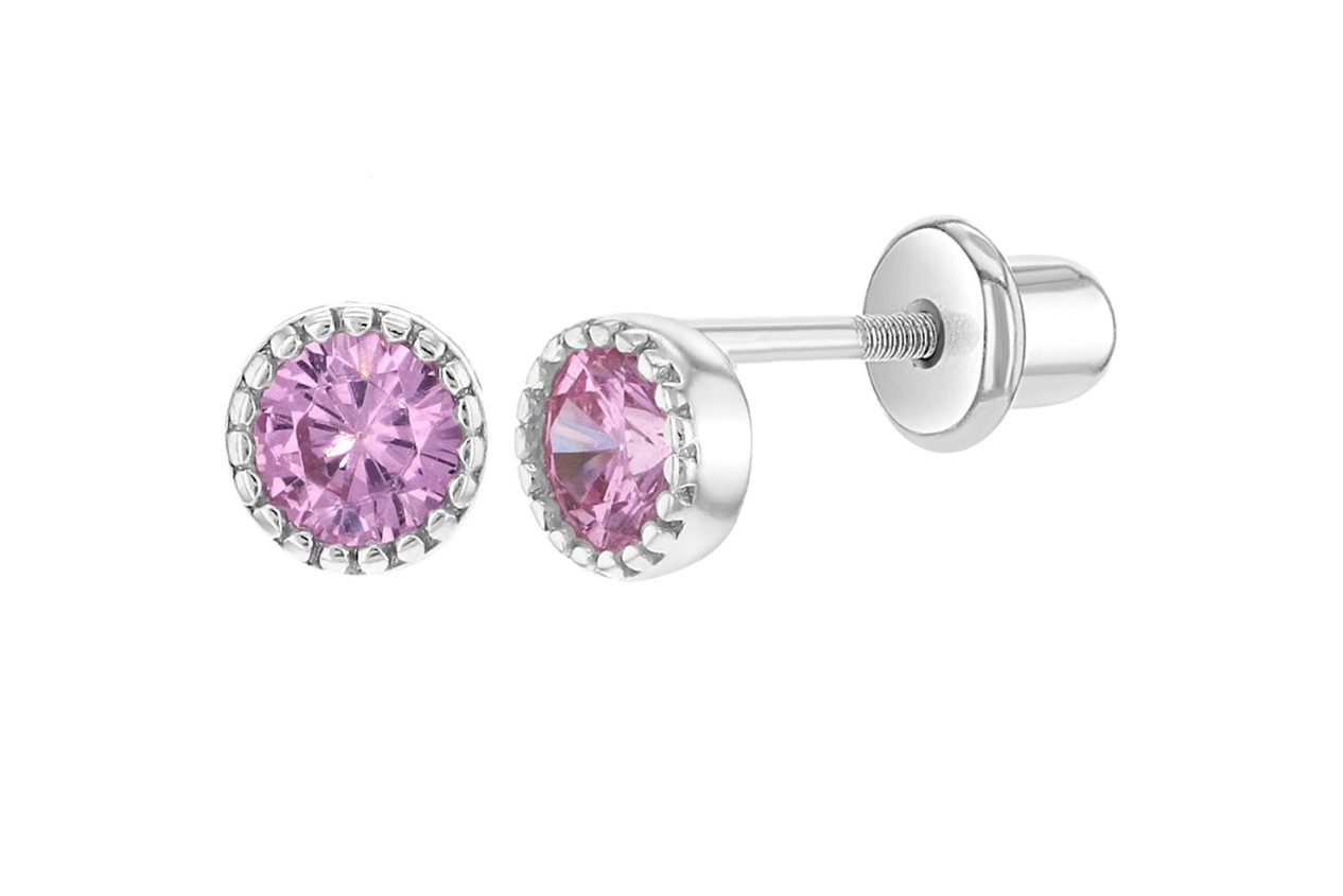 Baby Earrings: Sterling Silver Bezel Set Pink CZ with Screw Backs