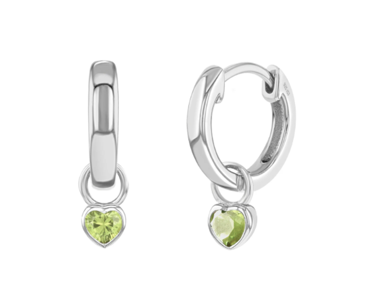 Children's Earrings: Sterling Silver Hoops 11mm with Peridot CZ Hearts