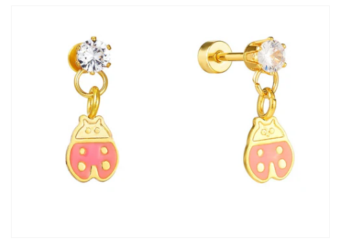 Children's Earrings: Sweetheart Collection: Hypoallergenic Steel with 14k Gold IP, Pink Ladybug Dangle Earrings with Screw Backs with Gift Box