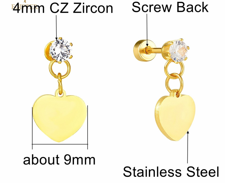 Children's Earrings: Sweetheart Collection: Hypoallergenic Steel with 14k Gold IP, CZ Stud, Heart Dangle Earrings with Screw Backs