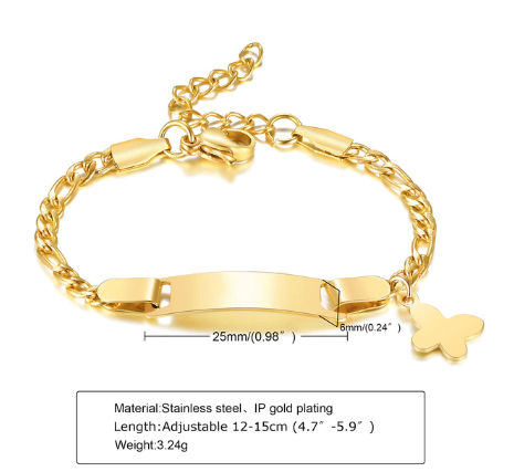 Baby and Children's Bracelets: Steel with Gold IP Engravable Bracelets with Butterfly Age 3 Months to 5 Years