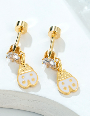 Children's Earrings: Sweetheart Collection: Hypoallergenic Steel with 14k Gold IP, Pink Ladybug Dangle Earrings with Screw Backs with Gift Box