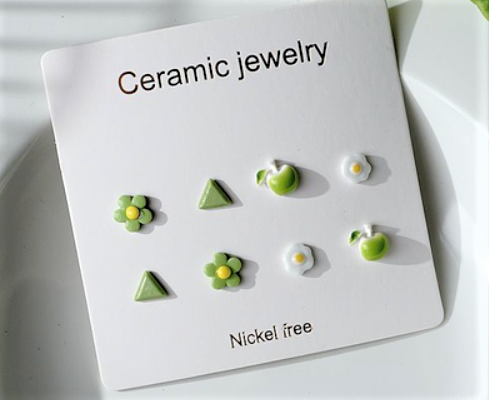 Children's Earrings: Ceramic/Surgical Steel Set of 4 Pairs - Green Flowers, Triangles, Apples and Eggs