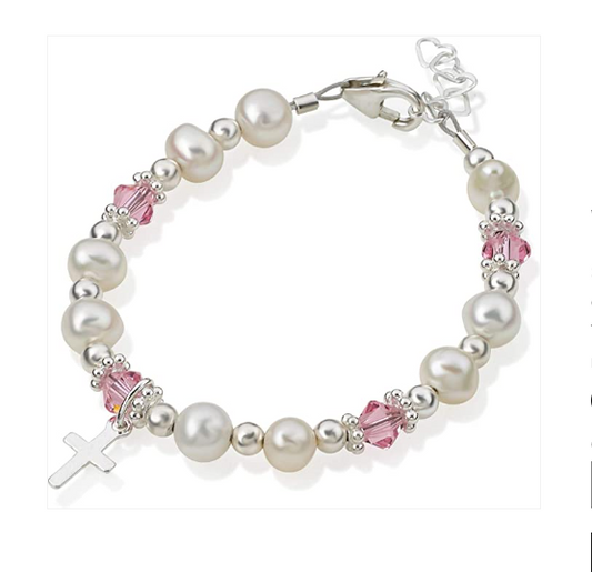 Baby and Children's Bracelets:  Sterling Silver, Cultured Freshwater Pearls with Cross