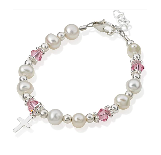 Baby Bracelets: Sterling Silver, Cultured Freshwater Pearls with Cross - Small (0-9 months)