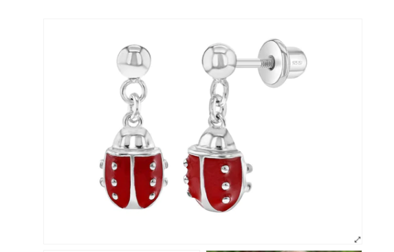 Children's Earrings: Sterling Silver, Ladybug Dangle Stud Earrings with Screw Backs