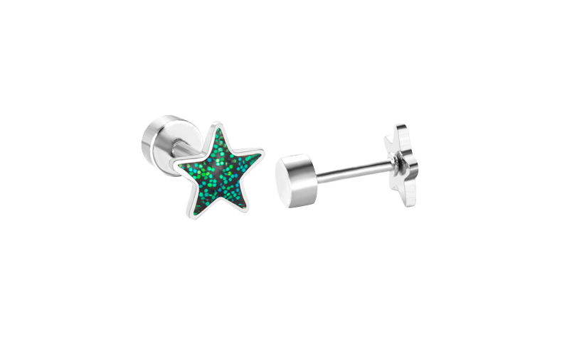 Baby and Children's Earrings: Surgical Steel Glitter Stars with Screw Backs - Emerald