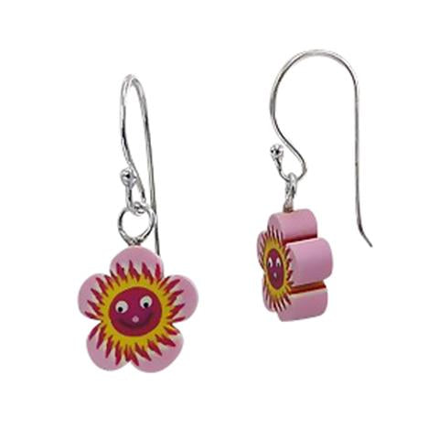 A pair of children's earrings featuring sterling silver hooks and Fimo flower earrings in pink and yellow colors.