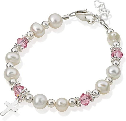 Sterling silver baby bracelet with cultured freshwater pearls, pink Swarovski crystals, and a tiny sterling silver cross.