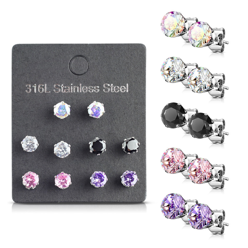 Childrens/Teens/Mothers Earrings: Surgical Steel AAA CZ Stud Earrings x 5 Pairs Gift Pack
