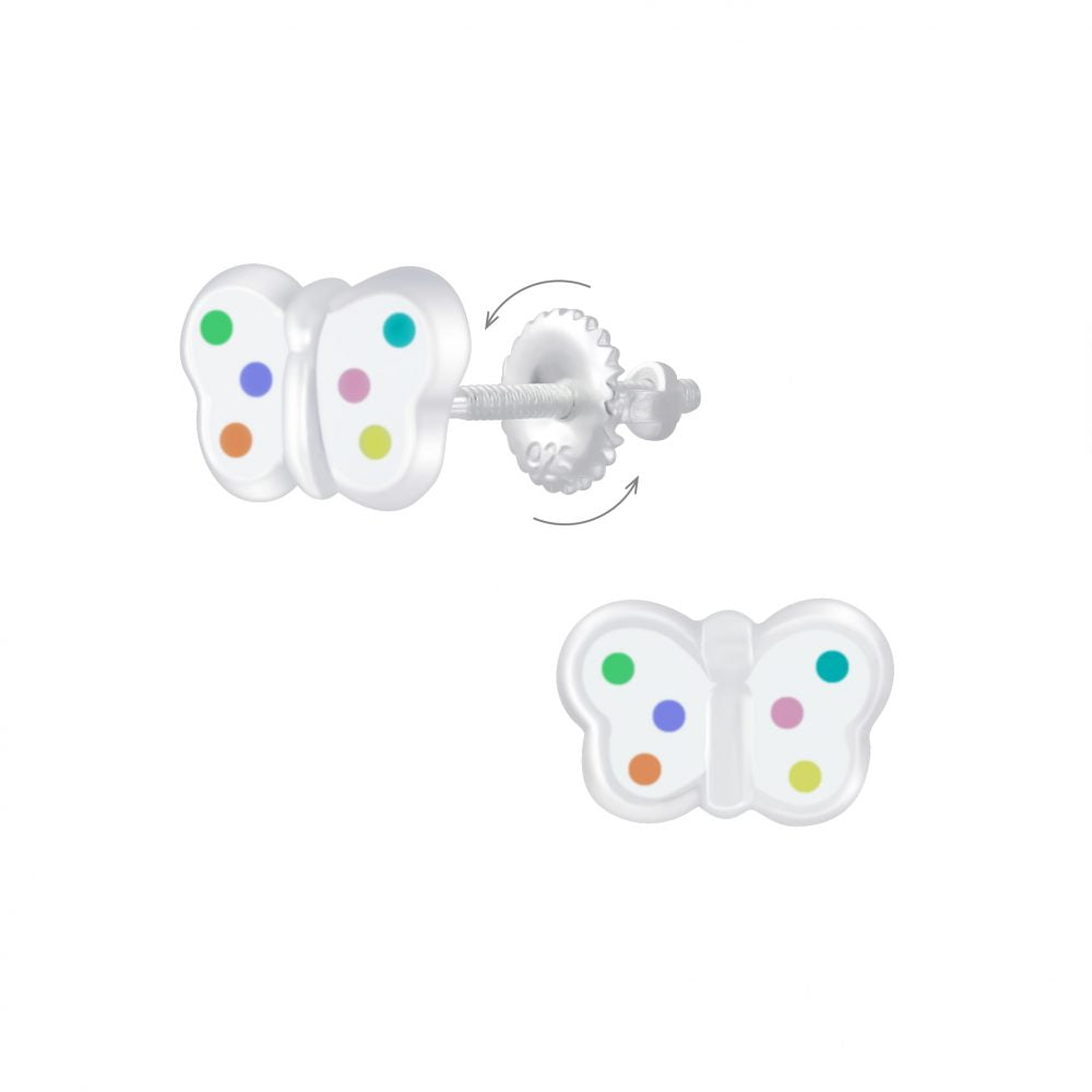 A pair of sterling silver butterfly earrings with colorful dots and screw back closures for children's jewelry.