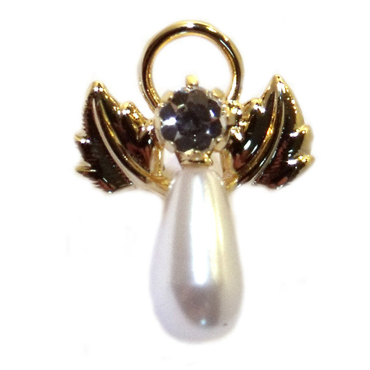 A gold-plated Austrian crystal Angel pin with a faux pearl accent, designed with a baby-safe wing-nut style clasp.
