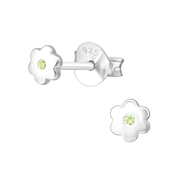 A pair of sterling silver flower earrings with a central peridot CZ, intended for baby girls representing the August birthstone.