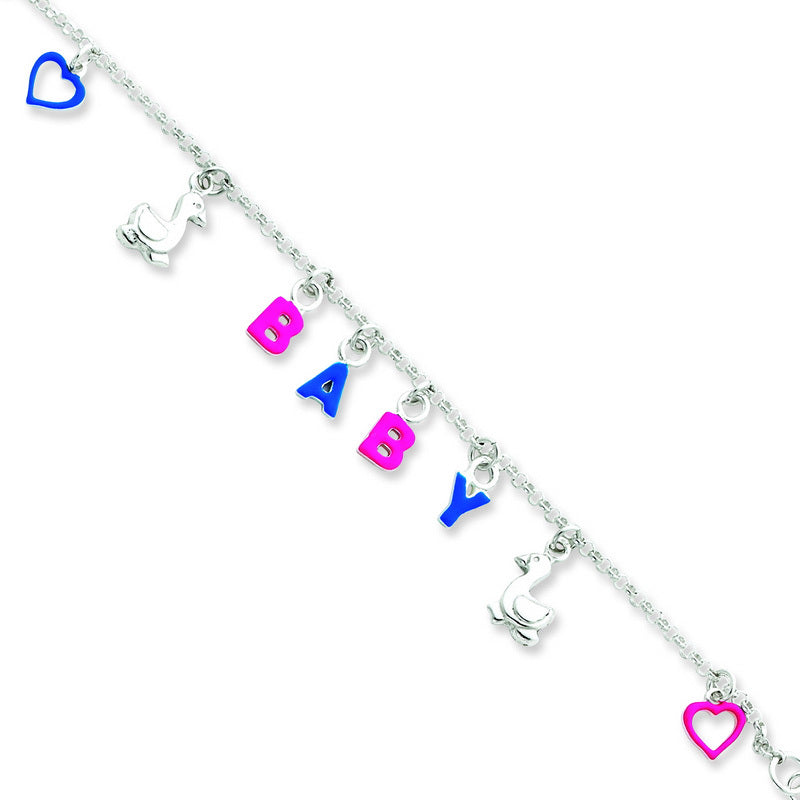 Baby and Toddler Bracelets:  Sterling Silver Pink Blue B A B Y Charm Bracelets