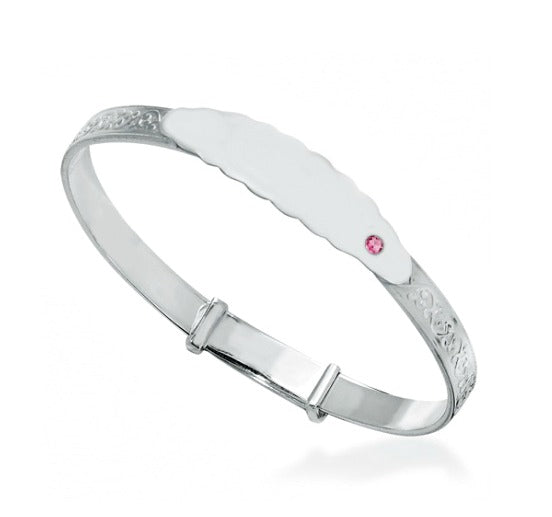 Children's Bangles:  Sterling Silver Embossed ID Bangle with Pink CZ Age 3 - 7 with Gift Box