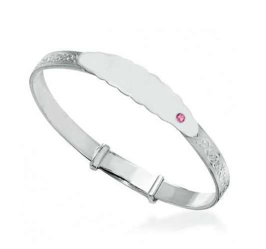 Baby and Children's Bangles:  Sterling Silver Embossed ID Bangle with Pink CZ Age 1 - 5+ with Gift Box