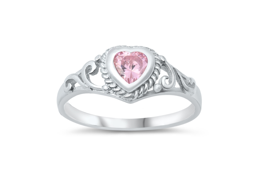 A sterling silver ring with a baby pink CZ heart set in a scroll setting, designed for children.